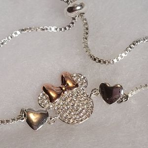 DISNEY Minnie Mouse Hearts Adjustable Bracelet Silver Plated Swarovski Crystals